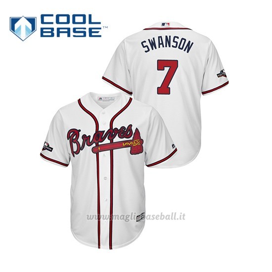 Maglia Baseball Uomo Atlanta Braves 7 Dansby Swanson 2019 Postseason Cool Base Bianco